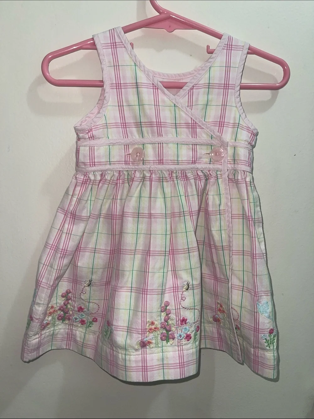 Vintage baby Gap Girls' Pink Plaid Sleeveless Dress Floral Embroidery Sz 6/12M